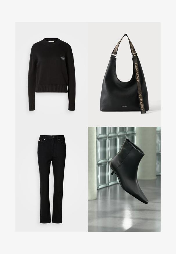 Pull en tricot noir avec un col rond, des poignets et un ourlet côtelés. Présente un petit patch logo carré sur la poitrine gauche. Coupe décontractée.; Jean noir à coupe droite, avec bouton et fermeture éclair à l'avant, passants de ceinture et cinq poches.; Bottine en cuir noir à bout pointu et petit talon kitten, présentée en angle devant un sol poli et un mur en blocs de verre.; Sac bandoulière en cuir noir Calvin Klein avec une large sangle ajustable affichant le logo Calvin Klein répété en beige.
