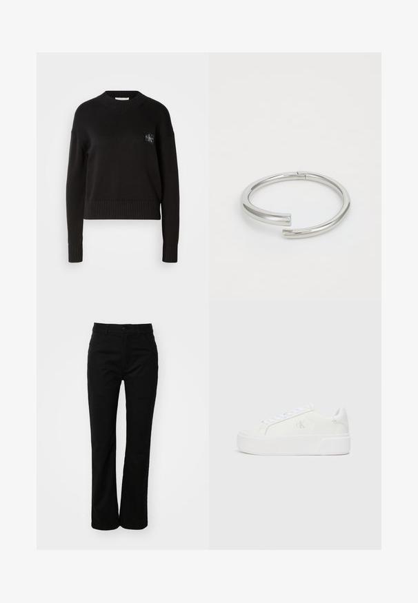 Suéter de punto negro con cuello redondo, puños acanalados y dobladillo. Presenta un pequeño parche de logo cuadrado en el lado izquierdo del pecho. Corte casual.; Pantalones de algodón negros con un diseño de pierna recta, que presentan un cierre frontal con botón, cinturas para cinturón y dos bolsillos laterales. Textura suave.; Zapatillas de plataforma blancas con parte superior de cuero suave, punta redondeada, cordones blancos y un sutil detalle de logotipo en el lateral. Suela de goma plana.; Calvin Klein SPIRAL - Pulsera - silver-coloured