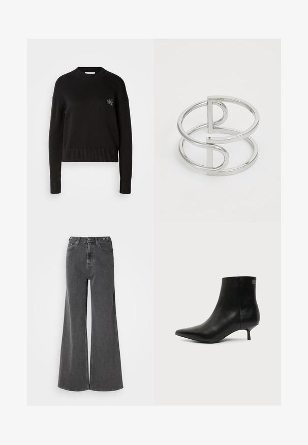 Sort strikket sweater med rund hals, ribbede manchetter og kant. Har et lille firkantet logo-patch på venstre bryst. Casual fit.; Bredde ben jeans i falmet sort denim, med høj talje, to frontlommer og metalknaplukninger. Glat tekstur, minimal design.; Sort læder ankelstøvle med spids tå og lav kitten hæl på lys baggrund, der viser yderside.; Sølv metal armbånd med en dobbeltloopdesign, der har en glat, blank overflade og en minimalistisk geometrisk accent.