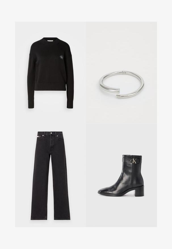 Pull en tricot noir avec un col rond, des poignets et un ourlet côtelés. Présente un petit patch logo carré sur la poitrine gauche. Coupe décontractée.; Jeans noirs à jambes larges en denim, avec une taille haute, une coupe à cinq poches et une fermeture à bouton en métal avec des coutures contrastantes.; Botte de cheville en cuir noir avec un bout pointu, un talon carré et une sangle avec un détail de logo métallique. Texture lisse et design minimaliste.; Calvin Klein SPIRAL - Bracelet - silver-coloured