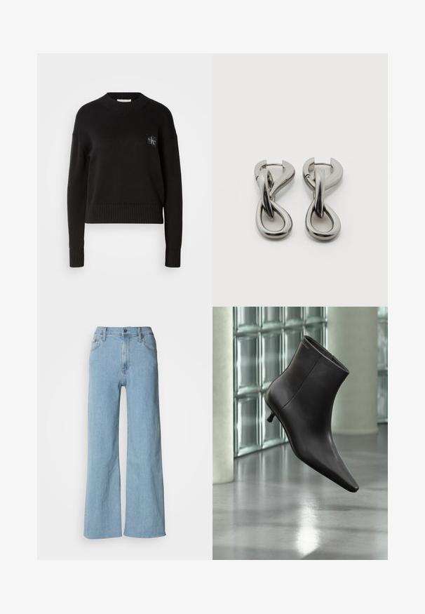 Sort strikket sweater med rund hals, ribbede manchetter og kant. Har et lille firkantet logo-patch på venstre bryst. Casual fit.; Lyseblå vidde jeans lavet af denim, med en tætsiddende talje, fem-lomme design og subtile syningsdetaljer.; Sort læderankelstøvle med spids tå og lille hæl vist mod en væg af glasblokke og poleret gulv baggrund.; Par af sølvtonede metale øreringe med abstrakt sammenflettet løbedesign på hvid baggrund.