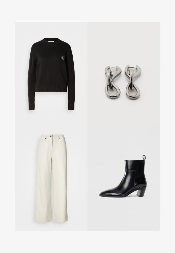 Sort strikket sweater med rund hals, ribbede manchetter og kant. Har et lille firkantet logo-patch på venstre bryst. Casual fit.; Cremefarvede bukser med brede ben lavet af glat stof. Har en mellemhøj talje, lynlås i gulvet og to frontlommer med sorte hardware accenter.; Sort læder ankelstøvle med spids tå, geometrisk stablet hæl og en løftestrop bagpå. Glat tekstur og slankt design.; Par af sølvtonede metale øreringe med abstrakt sammenflettet løbedesign på hvid baggrund.