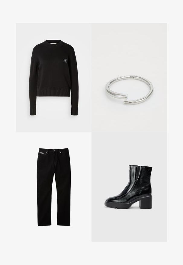 Sort strikket sweater med rund hals, ribbede manchetter og kant. Har et lille firkantet logo-patch på venstre bryst. Casual fit.; Sorte denimjeans med lige ben, der har knappelukning og lynlås, fem lommer og en lille logomærkat på taljen.; Sorte patenterede læderankelstøvler med en buet tå, elastiske sidepaneler og en kraftig blokhæl. Har et præget logo på bagsiden.; Calvin Klein SPIRAL - Armbånd - silver-coloured