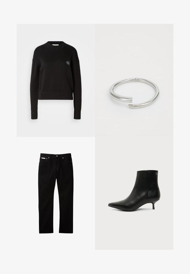 Pull en tricot noir avec un col rond, des poignets et un ourlet côtelés. Présente un petit patch logo carré sur la poitrine gauche. Coupe décontractée.; Jean en denim noir à coupe droite, doté d'une fermeture par bouton et zip, de cinq poches, et d'une petite étiquette logo sur la ceinture.; Bottine en cuir noir avec bout pointu et petit talon kitten sur fond clair, vue côté extérieur.; Calvin Klein SPIRAL - Bracelet - silver-coloured