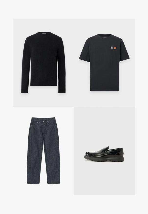 Sort langærmet crew neck trøje med enkelt, tætsiddende design uden synlige mønstre eller logoer.; Sort T-shirt med korte ærmer og små broderede ulve- og rævehoveder på venstre brystområde.; Mørkeblå jeans med lige ben, fem-lomme design og knaplukning ved taljen, vist fladt på hvid baggrund.; Sort læderloafer med en blank finish, rund tå, subtile syninger og en tyk gummisål for holdbarhed.