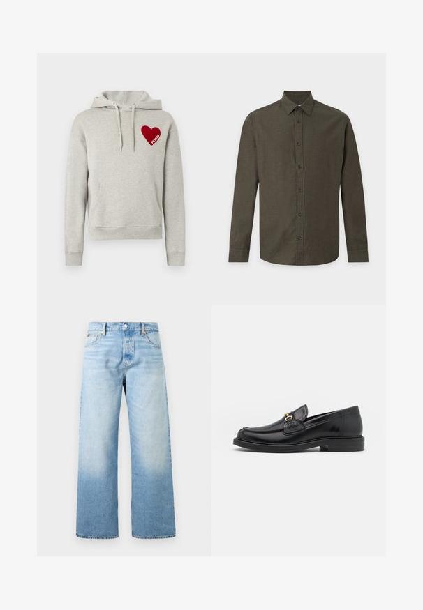 Sweat à capuche gris en tissu doux, avec une poche kangourou, une capuche à cordon de serrage, et un patch cœur rouge portant le mot "FUTURE" en blanc.; Chemise olive à manches longues boutonnée avec col pointu sur fond clair uni.; Jean en denim bleu clair avec une taille haute, des jambes larges et droites, des poches avant, et une fermeture par bouton et zip.; Mocassins en cuir noir avec un embout rond, présentant des accents en métal doré et des détails de couture, montés sur une semelle en caoutchouc texturé et basse.