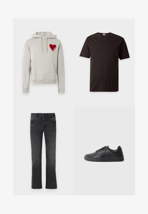 Sweat à capuche gris en tissu doux, avec une poche kangourou, une capuche à cordon de serrage, et un patch cœur rouge portant le mot "FUTURE" en blanc.; T-shirt en coton noir uni à manches courtes avec col rond, présenté sur un fond clair.; Jean noir à jambe droite avec cinq poches, fermeture à bouton et zip à l'avant, présenté sur un fond clair uni.; Chaussure de sport en cuir noir avec une finition lisse, bout arrondi, panneau latéral texturé et lacets noirs. Présente une semelle en caoutchouc plate et un design minimaliste.
