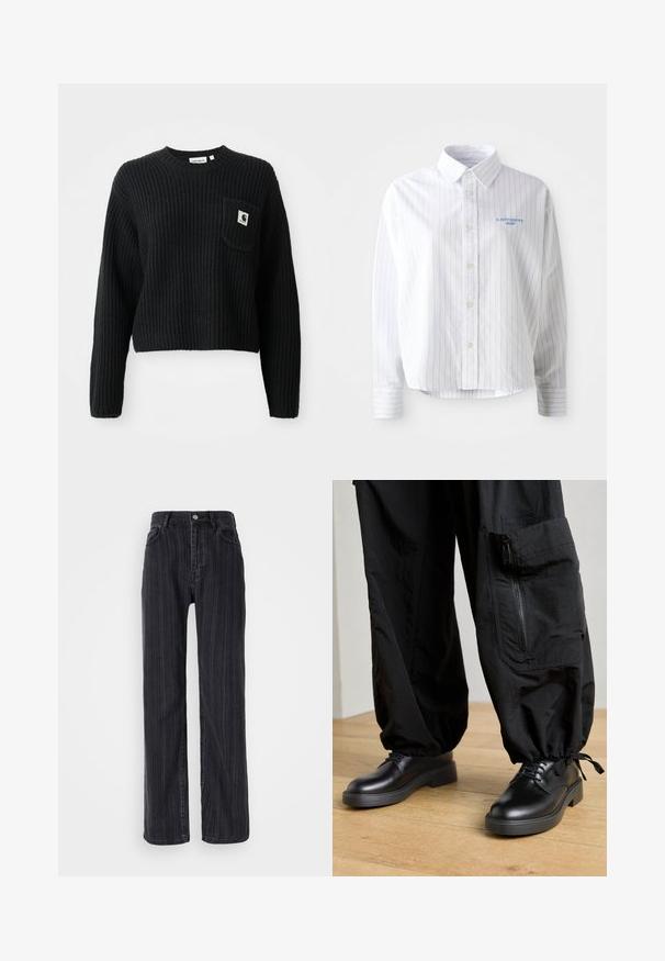 Sort ribbenstrikket sweater med rund hals, lange ærmer og en frontlomme med et lille logo patch. Forkortet længde.; Hvid skjorte med lyseblå lodrette striber, en spids krave og et lille blåt logo på venstre bryst. Forarbejdet i bomuldsstof, afslappet pasform.; Højtaljede sorte denimjeans med lodrette striber, lige ben og metalknaplukning fortil.; Sorte, lette bukser med en lynlås lomme og elastiske manchetter, parret med glatte sorte lædersko med en tyk, flad sål.