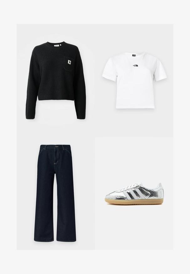 Pull en maille côtelée noir avec un col rond, des manches longues et une poche avant arborant un petit patch logo. Longueur cropped.; T-shirt en coton blanc à manches courtes, col rond, avec un logo noir The North Face sur la poitrine. Design simple et épuré.; Jean denim bleu foncé à jambes larges avec bouton sur le devant, coutures visibles et passants pour ceinture, présenté sur un fond uni.; Baskets basses avec texture en cuir de serpent métallique argenté, rayures blanches, lacets blancs et semelle en gomme claire sur fond blanc.