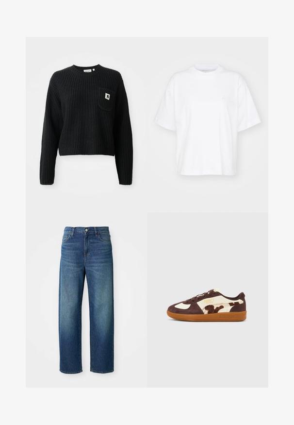 Pull en maille côtelée noir avec un col rond, des manches longues et une poche avant arborant un petit patch logo. Longueur cropped.; T-shirt en coton blanc avec un col rond, des manches courtes et une coupe décontractée. Présente un logo discret sur la zone gauche de la poitrine. Texture lisse.; Jean en denim bleu, design à jambes larges, taille mi-haute, décoloration subtile, style cinq poches, avec fermeture à bouton et à glissière, ourlet droit.; Baskets Puma Palermo marron et crème avec semelle en caoutchouc et détail imprimé animalier sur le côté, vues de profil sur fond neutre.