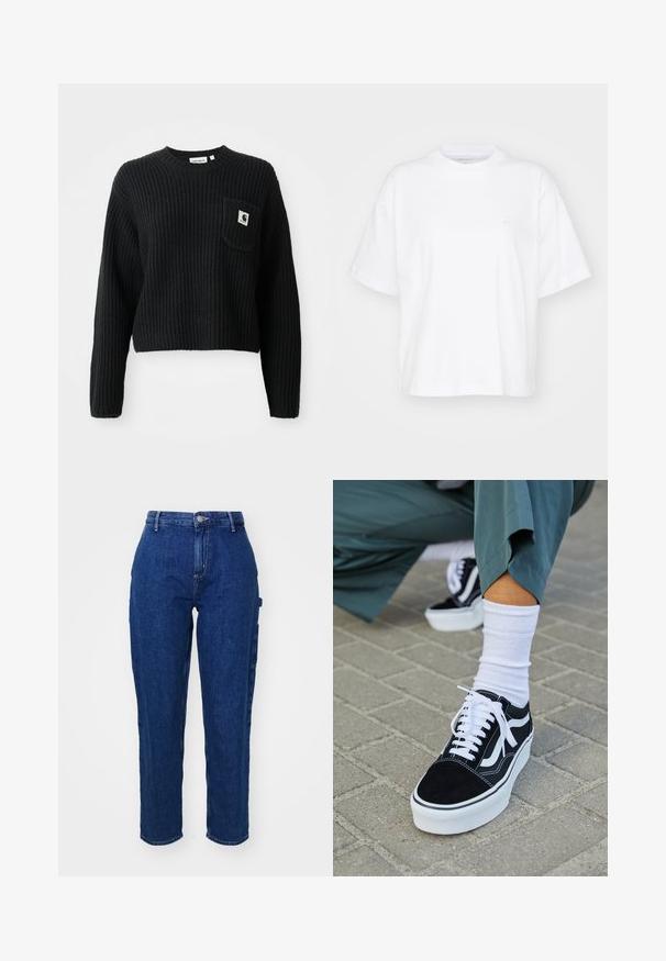 Sort ribbenstrikket sweater med rund hals, lange ærmer og en frontlomme med et lille logo patch. Forkortet længde.; Hvid bomulds t-shirt med rund hals, korte ærmer og en afslappet pasform. Har et diskret logo på venstre brystområde. Glat tekstur.; Mørkeblå denim jeans med høj talje, lige ben, frontknaplukning og sidelommer. Glat tekstur med en let stræk.; Sorte ruskinds sneakers med hvide accenter og snørebånd, der har en tyk hvid sål og kontrasterende syninger, parret med en hvid sok.