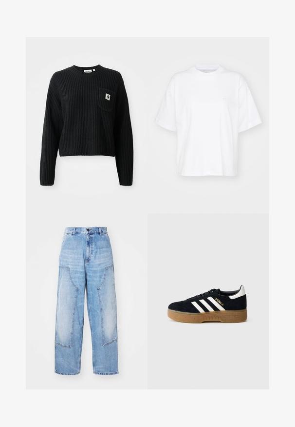 Pull en maille côtelée noir avec un col rond, des manches longues et une poche avant arborant un petit patch logo. Longueur cropped.; T-shirt en coton blanc avec un col rond, des manches courtes et une coupe décontractée. Présente un logo discret sur la zone gauche de la poitrine. Texture lisse.; Pantalon en denim bleu clair à jambe large avec deux grandes poches avant, une fermeture à bouton et une décoloration subtile. Détails de coutures sur les poches.; Baskets en daim noir avec trois bandes blanches et logo doré. Semelle en gomme avec adhérence texturée. Design classique à tige basse, bout arrondi.