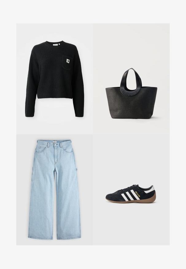 Pull en maille côtelée noir avec un col rond, des manches longues et une poche avant arborant un petit patch logo. Longueur cropped.; Jean en denim bleu clair à jambes larges avec poches avant, passants de ceinture et boucles latérales pour outils, posé à plat sur un fond gris.; Baskets en daim noir avec trois bandes blanches, semelle en caoutchouc beige, et un petit logo doré sur le côté. Dotées d'une doublure intérieure noire lisse.; Sac cabas noir texturé avec de larges poignées arrondies présentant le nom de la marque embossé "Samsøe Samsøe" sur fond neutre.