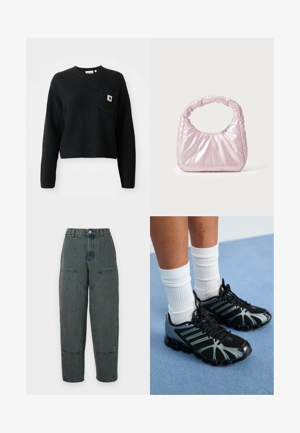 Suéter de punto canalé negro con cuello redondo, mangas largas y un bolsillo frontal con un pequeño parche de logo. Longitud corta.; Pantalones de mezclilla en azul oscuro con un ajuste relajado, que cuentan con bolsillos laterales y costuras en contraste. La tela tiene una textura ligeramente desgastada.; Persona que lleva calcetines blancos acanalados y zapatillas deportivas negras con detalles grises sobre una alfombra azul.; Bolso de mano acolchado en color rosa con un diseño redondeado, fabricado en material brillante. Presenta un asa fruncida y un cierre de cremallera para un acceso seguro.