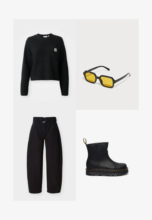 Pull en maille côtelée noir avec un col rond, des manches longues et une poche avant arborant un petit patch logo. Longueur cropped.; Pantalon large noir en coton, doté d'une ceinture à boucle avec anneau métallique et poches latérales. Texture lisse au design minimaliste.; Bottine en cuir noir avec un bout rond, finition texturée, surpiqûres jaunes le long de la semelle et une languette à l'arrière.; Lunettes de soleil rectangulaires noires avec des verres jaunes. Les caractéristiques incluent des montures épaisses et un design anguleux avec une finition lisse et brillante.