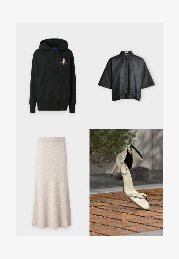 Zwarte hoodie met een voorzak. Heeft een kleurrijk geborduurd ontwerp op de borst. Gemaakt van zachte, gestructureerde stof.; Donkergrijs overhemd met korte mouwen en knopen, met brede mouwen en een puntige kraag, plat weergegeven op een lichte achtergrond.; Lichtbeige gebreide rok met een geribde tailleband, uitlopende A-lijnvorm en zachte textuur, met subtiele variaties in de stof.; Beige sandaal met hoge hak en enkelriem, geplaatst op houten latten buiten, met vervaagde groene planten en betonnen achtergrond.