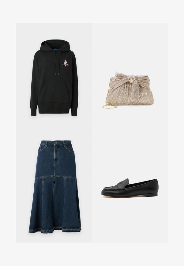 Sort hætte sweatshirt med en frontlomme. Har et farverigt broderet design på brystet. Lavet af blødt, struktureret stof.; Denimnederdel i mørkeblå med en udvidet form, der har høj talje, forlommer og en rå kant. Slidt tekstur og syning detaljer.; Sort læderloafer med lav hæl, syninger og en lille metallisk detalje på vristen.; Metallic guld clutch taske med plisseret stof, der har en sløjfedetalje øverst og en gylden kædetras for alsidighed og nem bæring.