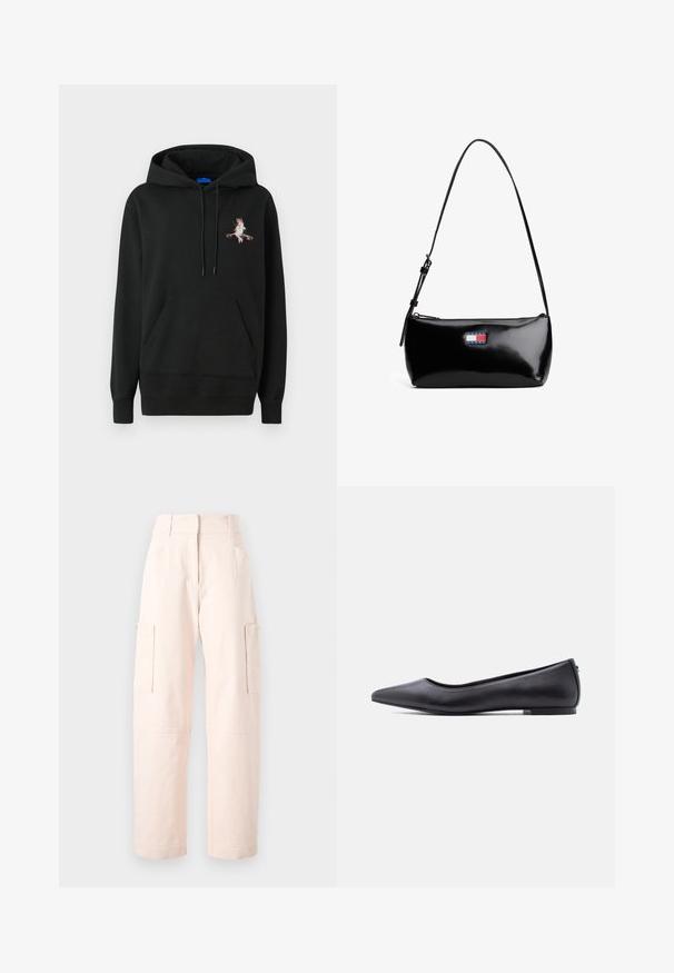 Sweat-shirt à capuche noire avec une poche avant. Présente un motif brodé coloré sur la poitrine. Fabriqué en tissu doux et texturé.; Pantalons cargo rose clair en coton, avec une coupe droite, deux poches latérales et une taille avec des détails élastiques.; Chaussure plate en cuir noire à bout pointu avec petit talon, vue de profil sur fond blanc.; Sac à épaule en cuir verni noir avec une bandoulière incurvée, fermeture éclair et un patch rectangulaire avec un logo en rouge, blanc et bleu.