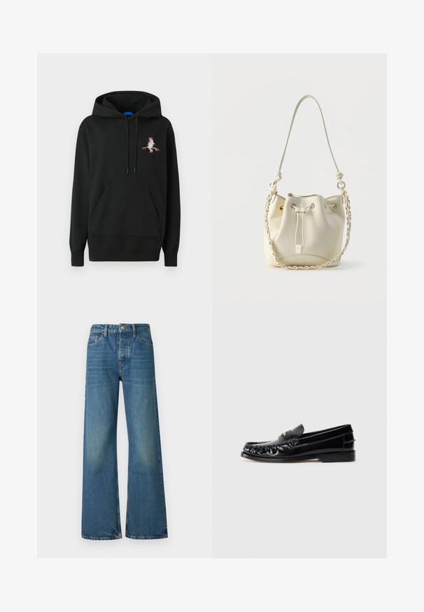 Sort hætte sweatshirt med en frontlomme. Har et farverigt broderet design på brystet. Lavet af blødt, struktureret stof.; Bredde ben blå denim jeans med en falmet vask, fem-lomme design og standard knap- og lynlås-lukning. Holdbart bomuldsstof.; Sorte læder loafers med rund tå, dekorativ sying og en lille gul accent på vampen. Flad gummisål, slankt design.; Hvid læder bucket-taske med snørelukning, flettet kæde og læder skulderrem samt guldfarvede øjer.