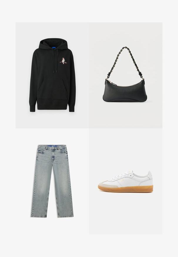 Sort hætte sweatshirt med en frontlomme. Har et farverigt broderet design på brystet. Lavet af blødt, struktureret stof.; Lyseblå jeans med vide ben lavet af denim, med udvaskede områder, fem lommer og en blå mærket taljebånd.; Hvide lædersneakers med beige ruskindsdetaljer, gummisål og snøredesign. Har diskret branding i guld.; Sort skuldertaske i læder med en buet rektangulær form, gyldent kæde vævet ind i en flettet sort rem og toplynlås.
