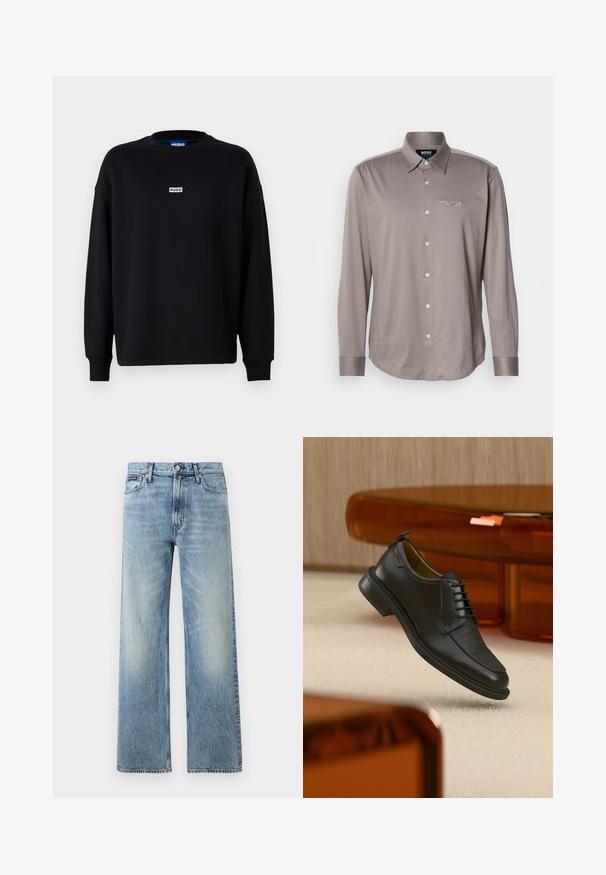 Zwarte sweatshirt van een katoenmix, met lange mouwen, een ronde hals en een klein wit logolabel op de borst.; Overhemd met lange mouwen in lichtbruine stof met een gladde textuur, voorzien van een kraag, knopen aan de voorkant en een geborduurd logo op de borst.; Lichtblauwe denim jeans met rechte pijpen, een hoge taille, vijf zakken, knoopsluiting en subtiele vervaging op de dijen en knieën.; Zwarte leren veterschoen in de stijl van een nette schoen met een gestructureerd vooraanzicht, zwevend boven een beige tapijt in een moderne kamer met amberkleurige meubelen.