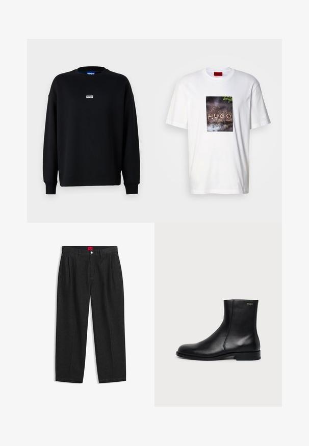 Zwarte sweatshirt van een katoenmix, met lange mouwen, een ronde hals en een klein wit logolabel op de borst.; Wit katoenen T-shirt met een rechthoekige grafische print met de tekst "HUGO" op een getextureerd, donker oppervlak, omringd door groen.; Zwarte hoge taille broek met plooien aan de voorkant, ceintuurlussen, een knoop- en ritsluiting, en een rood label aan de binnenkant van de tailleband.; Zwarte leren enkellaars met lage hak, zijstiksels en klein "HUGO" logo op de bovenste boord tegen een effen achtergrond.