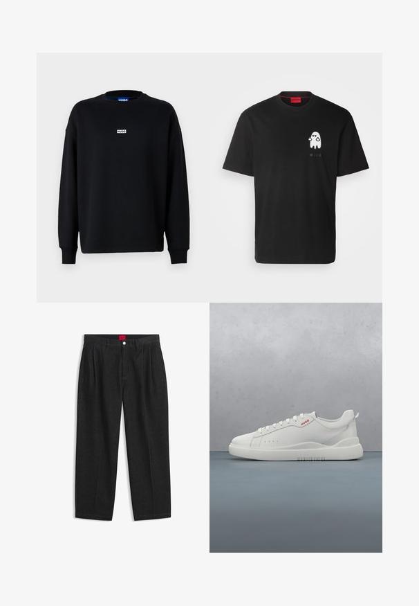 Sort sweatshirt lavet af bomuldsblanding, med lange ærmer, rund halsudskæring og et lille hvidt logo på brystet.; HUGO DICATIKO - T-shirts print - black; Sorte bukser med høj talje med forreste læg, bæltestropper, knap og lynlås lukning samt en rød label indeni linningen.; Hvide sneakers med en glat læderfinish, rund tå, fire snørehuller, subtile perforeringer og en rød logo detalje på siden.