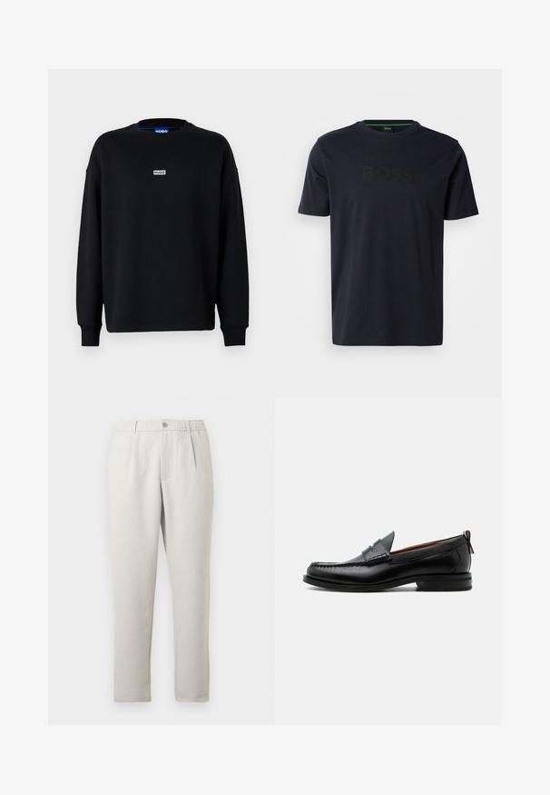 Sudadera negra de mezcla de algodón, con mangas largas, escote redondo y una pequeña etiqueta de logo blanca en el pecho.; Camiseta de algodón azul marino con cuello redondo, con un logo en relieve negro de "BOSS" en el pecho y mangas cortas.; Pantalones de corte relajado en beige claro con un ligero brillo, que cuentan con una cintura elástica, bolsillos frontales y un diseño de pierna estrechada.; Mocasín de hombre de piel negra con costura moc toe, tira penny, cuello texturizado y tacón bajo apilado sobre fondo blanco.