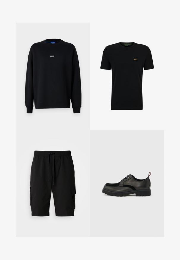 Sort sweatshirt lavet af bomuldsblanding, med lange ærmer, rund halsudskæring og et lille hvidt logo på brystet.; Sort bomuld t-shirt med runde halsudskæring, korte ærmer, og et lille guld logo på venstre bryst. Glat tekstur og enkelt design.; Sorte cargo shorts lavet af letvægtsstof, med elastisk talje, snor og sidelommer til ekstra opbevaring.; Sort læder snøresko med tyk slidbanesål og rød hælestropp, vist i sideprofil på en lysegrå baggrund.