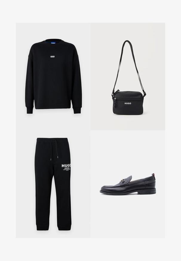 Sort sweatshirt lavet af bomuldsblanding, med lange ærmer, rund halsudskæring og et lille hvidt logo på brystet.; Sorte sweatpants lavet af en bomuldsblanding, med snor i taljen, tapered ben, og hvidt trykt logo og tekst på venstre lår.; Sort lædermokasin med grå tekstureret forfod, sølvfarvet metalspænde, lav hæl og trækflap bagpå.; Sort rektangulær skuldertaske med lynlåslomme foran, "HUGO" logo og justerbar rem på hvid baggrund.