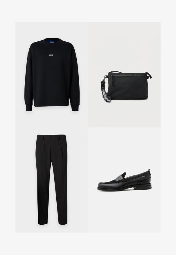 Zwarte sweatshirt van een katoenmix, met lange mouwen, een ronde hals en een klein wit logolabel op de borst.; Zwarte taillepantalon met een recht model, voorzien van een elastische tailleband, een enkele knoopsluiting en twee voorplooien voor extra detail.; Zwarte leren loafer met grijs riemdetailelement, lage hak en gestructureerde zool, aan de zijkant gebrandmerkt met "HUGO" in goud.; Zwarte rechthoekige crossbodytas met voorzak met ritssluiting, afneembare band met gedurfde witte "HUGO"-branding en subtiel reliëflogo.