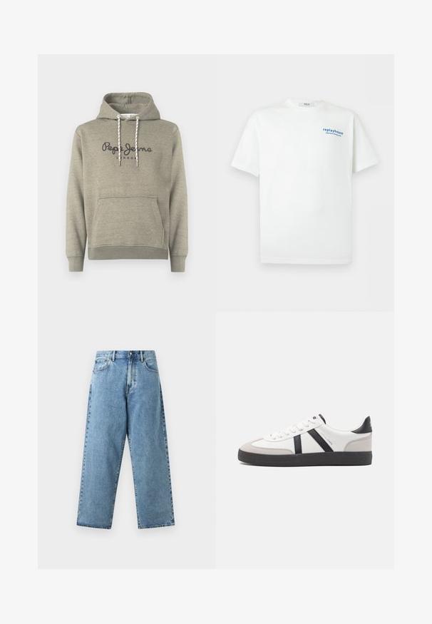 Sweat à capuche gris clair avec poche avant, cordons blancs et "Pepe Jeans London" imprimé sur la poitrine en gris foncé.; T-shirt blanc à manches courtes avec un petit texte bleu « replayhouse japanese dining room » sur la partie supérieure gauche de la poitrine.; Jean en denim bleu clair avec taille haute, jambes larges et droites, bouton sur le devant, fermeture éclair et design à cinq poches.; Baskets blanches avec des accents noirs et gris, présentant un embout texturé gris, une semelle en caoutchouc noir et des lacets plats blancs. Design épuré, style minimaliste.