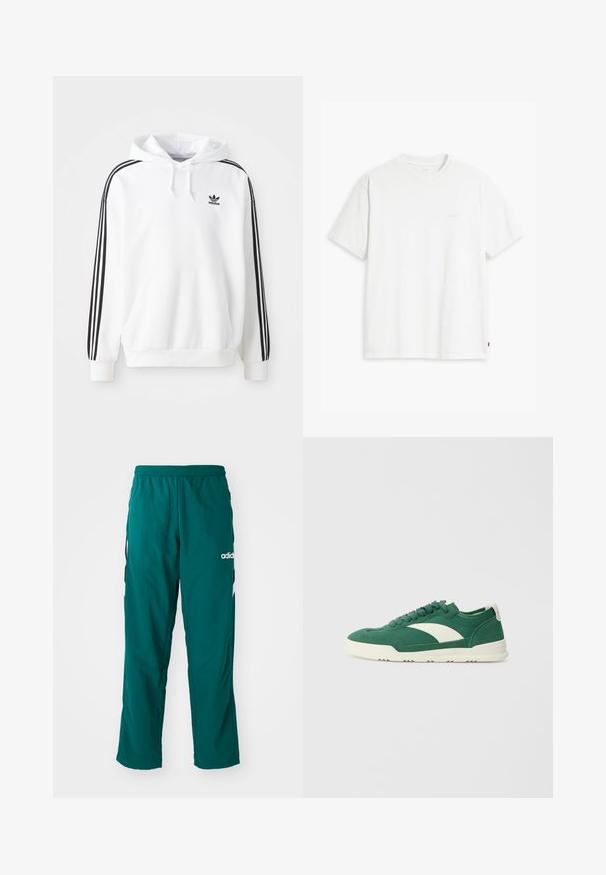 Biely mikina s predným vreckom, kapucňou so šnúrkou a čiernym logom Adidas. Obsahuje čierne pruhy pozdĺž rukávov. Mäkký materiál.; Biele bavlnené tričko s krátkymi rukávmi, okrúhlym výstrihom a jemne svetlým logom "Levi's" potlačeným na prednej strane.; Zelené športové nohavice vyrobené z ľahkej tkaniny, s elastickým pásom, bočnými vreckami a bielym logom Adidas na ľavej strane.; Zelené plátené tenisky s krémovým pruhovým dizajnom, okrúhlymi šnúrkami a textúrovou gumovou podrážkou s miernym zvýšením.