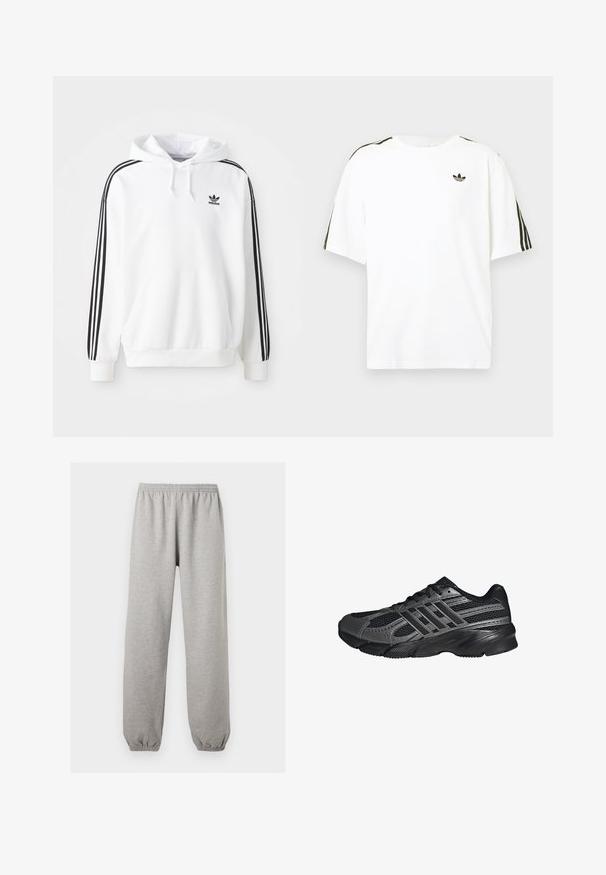 Biely mikina s predným vreckom, kapucňou so šnúrkou a čiernym logom Adidas. Obsahuje čierne pruhy pozdĺž rukávov. Mäkký materiál.; Biela bavlnená tričko s krátkymi rukávmi, s čiernymi trojpruhmi na pleciach a malým čiernym logom na hrudi.; Svetlosivé tepláky s elastickým pásom a manžetami, rovné nohavice, vyrobené z mäkkej látky.; Čierne športové topánky vyrobené z pletiva a syntetických materiálov, s textúrovaným povrchom, viacerými šedými pruhmi a polstrovaným golierom.