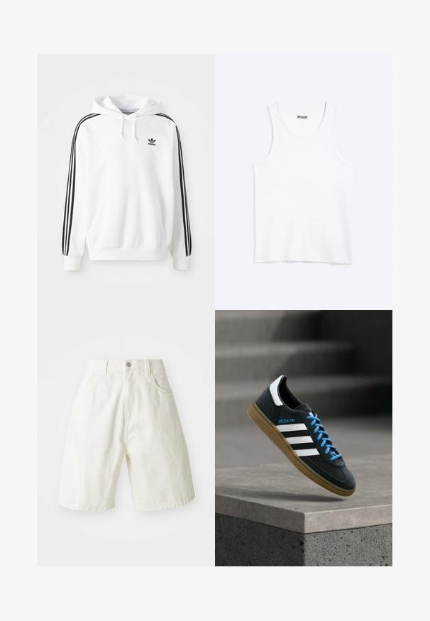 Weißer Hoodie mit einer vorderen Kängurutasche, Kapuze mit Zugband und schwarzem Adidas-Logo. Mit schwarzen Streifen an den Ärmeln. Weicher Stoff.; Weißes ärmelloses Tanktop mit rundem Ausschnitt und Weekday-Markenetikett auf der Innenseite des hinteren Kragens, flach auf hellem Hintergrund dargestellt.; Weiße Denim-Shorts mit einer lässigen Passform, die einen Bund, fünf Taschen und gerade Beine aufweisen. Der Stoff hat eine feine Textur.; Schwarzer Adidas-Sneaker mit weißen Streifen, blauen Schnürsenkeln und Gummisohle, der über einer grauen Betontreppe im weichen Licht schwebt.