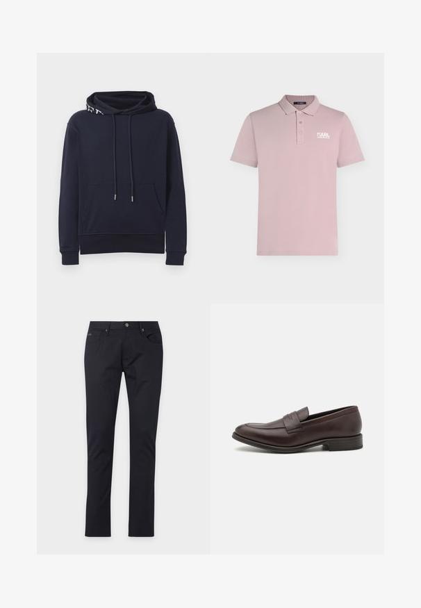 Dunkelblauer Hoodie mit Fronttasche, Kapuze mit Zugband und teilweisem weißen Text, sowie gerippten Bündchen und Saum.; Hellrosa kurzärmliges Poloshirt mit drei Knöpfen und weißem "KARL LAGERFELD"-Logo auf der linken Brust.; Schmal geschnittene schwarze Hose mit Knopf- und Reißverschluss, vorderen Taschen und dezenten Nahtdetails vor weißem Hintergrund.; Braune Lederloafers mit glatter Oberfläche, gestickten Details an der Spitze und einem niedrigen, gestapelten Absatz. Minimalistisches Design ohne sichtbare Markenkennung.