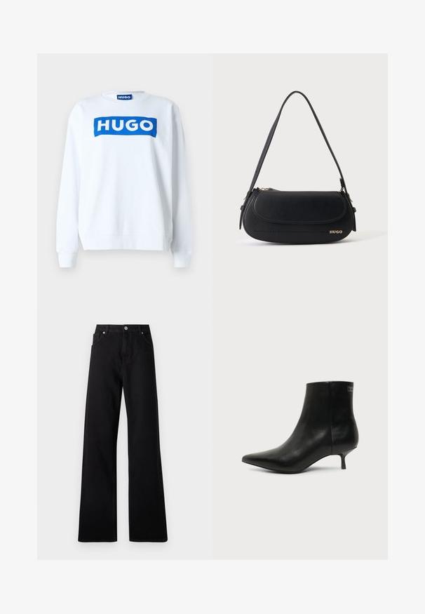 Witte sweatshirt van een katoenmix met een blauw "HUGO" logo aan de voorkant, ronde halslijn en ribgebreide manchetten en onderkant.; Zwarte wide-leg jeans van denim met een vijf-pockets ontwerp, voorste knoopsluiting en subtiele stikdetails.; Zwart leren enkellaars met puntige neus en lage kittenhak op lichte achtergrond, zijaanzicht buitenkant.; Zwarte leren schoudertas met gebogen klep, gouden "HUGO" logo aan de voorkant en een enkele verstelbare riem.