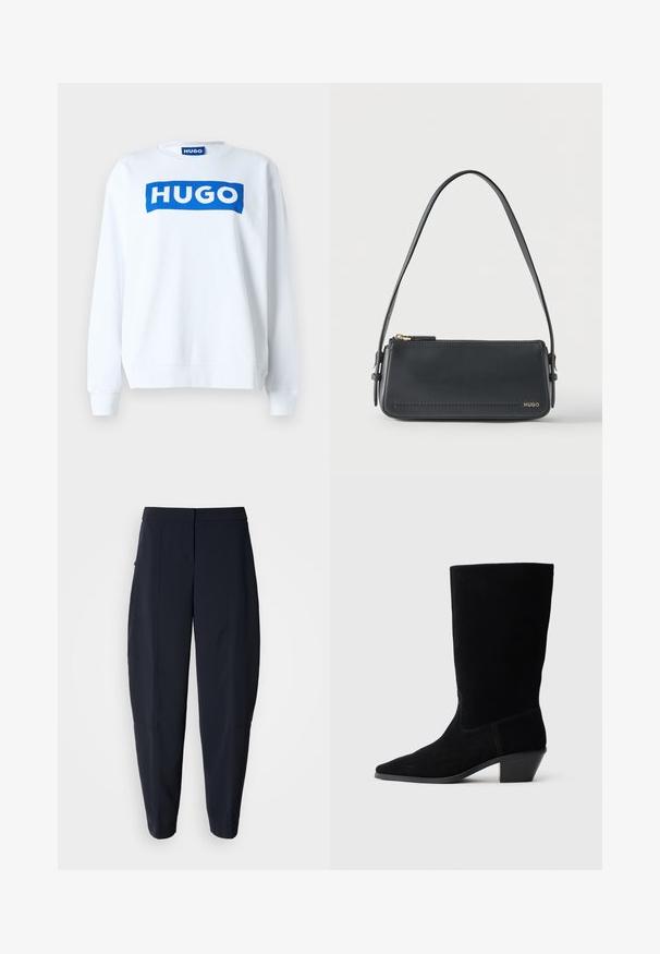 Weißer Sweatshirt aus Baumwollmischung mit einem blauen "HUGO"-Logo auf der Vorderseite, Rundhalsausschnitt und gerippten Bündchen und Saum.; Marineblaue, schmal zulaufende Hose mit mittelhohem Bund und seitlichen Taschen, mit dezenten Nahtdetails entlang der Beine.; Schwarze Wildleder Stiefelette mit spitzer Zehe, mittelhohem Schaft und einem chunky Absatz. Verfügt über minimale Nähte und eine glatte Textur.; Schwarze rechteckige Lederschultertasche mit goldenem Reißverschluss und kleinem goldenem "HUGO"-Logo auf der Vorderseite, mit verstellbarem Riemen und Schnalle.