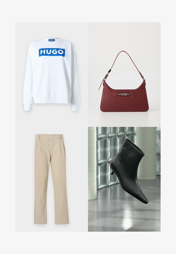 Weißer Sweatshirt aus Baumwollmischung mit einem blauen "HUGO"-Logo auf der Vorderseite, Rundhalsausschnitt und gerippten Bündchen und Saum.; Beige weite Hosen aus Baumwollmischung; mit Falten vorne, geradem Schnitt und Gürtelschlaufen. Glatte Textur, keine Muster.; Schwarzer Leder-Stiefelette mit spitzer Zehenpartie und niedrigem Kitten-Heel, schräg dargestellt vor einem polierten Boden und einer Glasbausteinwand.; Kleine rechteckige burgunderfarbene Lederhandtasche mit verstellbarem Riemen und silberner "HUGO"-Logoplatte auf der Vorderseite.