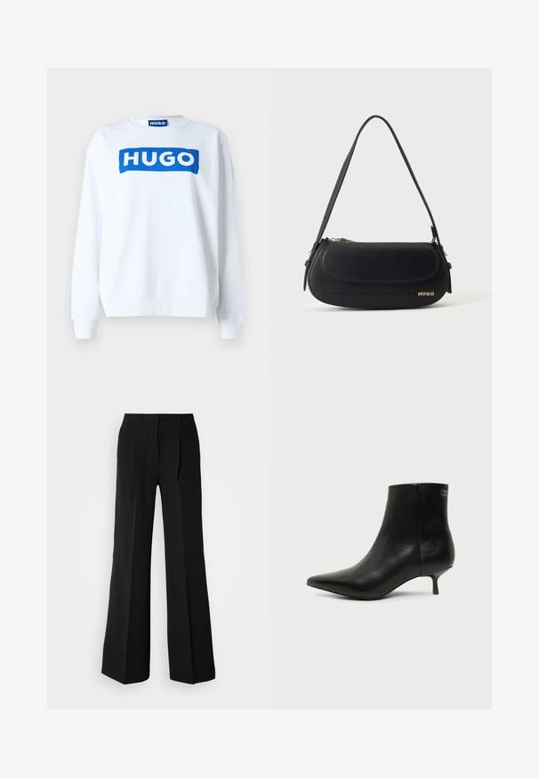 Witte sweatshirt van een katoenmix met een blauw "HUGO" logo aan de voorkant, ronde halslijn en ribgebreide manchetten en onderkant.; Zwarte broeken van soepele stof, met een hoge taille, wijde pijpen en twee plooien aan de voorkant voor extra ontwerpelementen.; Zwart leren enkellaars met puntige neus en lage kittenhak op lichte achtergrond, zijaanzicht buitenkant.; Zwarte leren schoudertas met gebogen klep, gouden "HUGO" logo aan de voorkant en een enkele verstelbare riem.