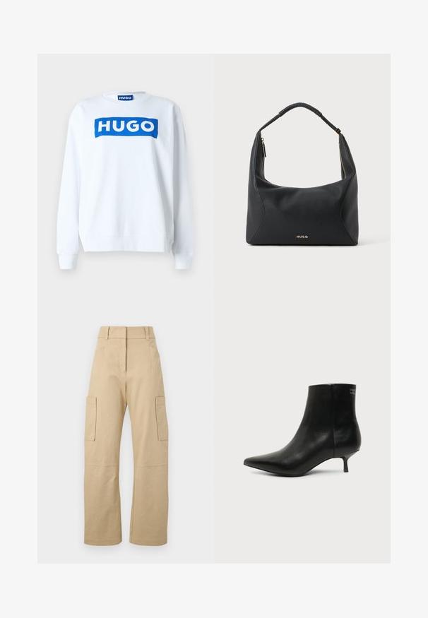 Sweatshirt blanc en mélange de coton avec un logo "HUGO" bleu sur le devant, encolure ras du cou et finitions côtelées aux poignets et à l'ourlet.; Pantalons cargo beiges en coton, avec une taille haute, des jambes larges, deux poches latérales et deux grandes poches cargo sur les cuisses.; Bottine en cuir noir avec bout pointu et petit talon kitten sur fond clair, vue côté extérieur.; Sac à épaule en cuir noir avec anse tressée, détail de fermeture éclair dorée et petit logo "HUGO" doré au centre à l'avant.