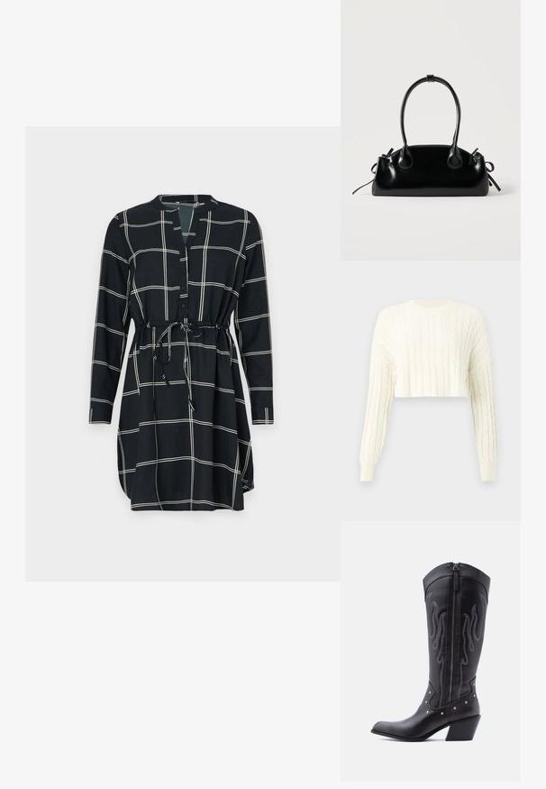 Pull en tricot torsadé crème, court, avec des manches longues et un col rond côtelé. Motif texturé tout au long et poignets ajustés.; Robe noire avec un motif quadrillé en blanc, manches longues, devant à boutons et taille ceinturée pour un ajustement ajustable. Texture de tissu lisse.; Bottes de cow-boy en cuir noir avec bout pointu, coutures apparentes, ornements à clous argentés et fermeture éclair sur le côté intérieur.; Petit sac à main noir brillant avec deux longues anses et des détails à cordon sur les côtés sur un fond clair uni.