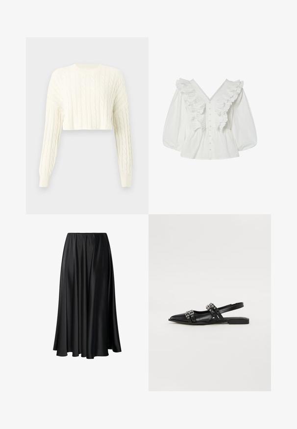 Pull en tricot torsadé crème, court, avec des manches longues et un col rond côtelé. Motif texturé tout au long et poignets ajustés.; Chemisier blanc avec un décolleté en V profond, des manches bouffantes et des détails volantés à l'avant. Fabriqué en coton avec une fermeture à boutons et des accents texturés.; Jupe maxi noire en tissu lisse, dotée d'une taille élastique, d'une silhouette ample et d'un ourlet fluide sans motifs ni détails visibles.; Even&Odd by Zalando Ballerines à brides arrière - black