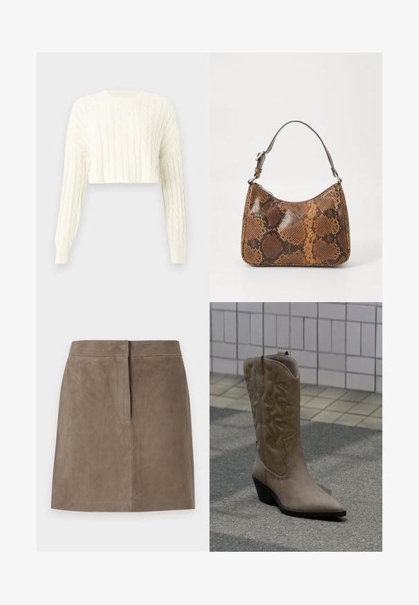 Creme kabelstrikket cropped sweater med lange ærmer og ribbet rund hals. Tekstur mønster over det hele og tætsiddende manchetter.; Taupe knælang ruskindsnederdel med lige pasform og skjulte sømdetaljer foran mod en ensfarvet baggrund.; Høj, beige cowboystøvle i ruskind med dekorative syninger og nitteaccenter, med spids snude og skråsort hæl på fortovet.; Lille håndtaske med brun og sort slangeskinn mønster, kort justerbar rem og lynlåslukning.