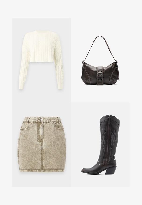 Creme kabelstrikket cropped sweater med lange ærmer og ribbet rund hals. Tekstur mønster over det hele og tætsiddende manchetter.; Khaki denimnederdel med en tekstureret overflade, fem lommer, knaplukning foran og sydekoration langs kanterne.; Brune læder cowboystøvler med flammebroderi, sidelukning med lynlås, sølvnitter, spids snude og lagdelt hæl.; Brun læder skuldertaske med en buet form, der har et fremtrædende spænde, kontrasterende syninger og en enkelt skulderrem.