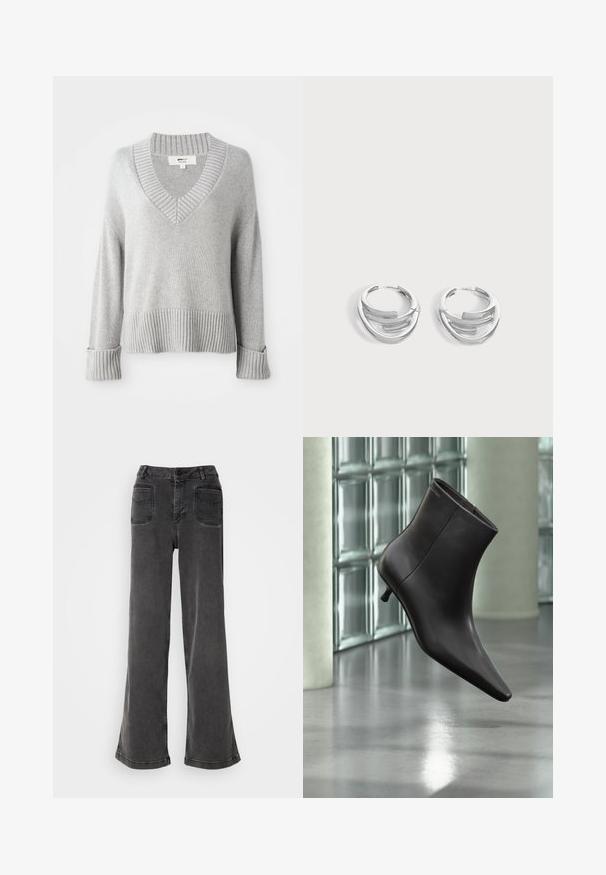Sweater en mélange de laine tricoté gris clair avec col en V, poignets, ourlet et col côtelés, montrant des extrémités de manches repliées.; Jean noir taille haute à jambes larges en denim, avec une fermeture à bouton, des passants de ceinture et deux poches arrière avec des accents cousus.; Bottine en cuir noir avec bout pointu et petit talon, présentée devant un mur en blocs de verre et un sol poli.; Paire de boucles d'oreilles anneaux en argent poli avec un design de barre incurvée superposée sur un fond clair uni.