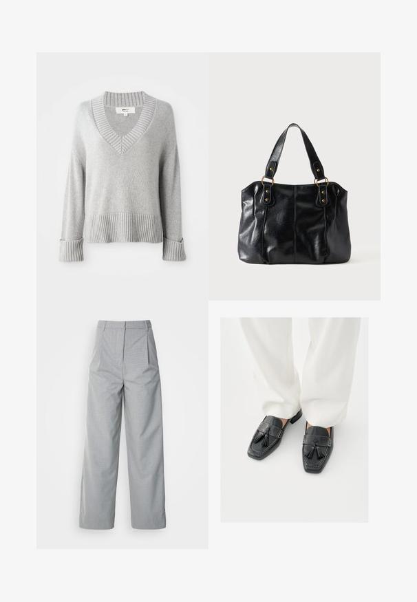Sweater en mélange de laine tricoté gris clair avec col en V, poignets, ourlet et col côtelés, montrant des extrémités de manches repliées.; Pantalons larges gris en tissu texturé, avec une taille haute, des plis à l'avant et une coupe droite jusqu'à l'ourlet.; Mocassins en cuir noir avec pampilles, présentant des bouts carrés et des coutures décoratives, assortis à un pantalon blanc à jambes larges.; Sac à épaule en cuir noir avec double anses attachées par des anneaux et rivets dorés, surface lisse et légèrement brillante, design simple.