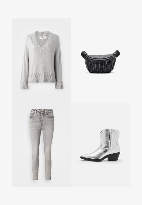 Sweater en mélange de laine tricoté gris clair avec col en V, poignets, ourlet et col côtelés, montrant des extrémités de manches repliées.; Jean skinny gris avec un délavage moyen, taille haute, cinq poches et un léger effet dégradé. Fabriqué en denim avec une texture lisse. Fermeture à bouton.; Bottes de cowboy en cuir argenté avec un bout pointu, des détails brodés sur la tige et un talon noir modéré. Surface lisse et brillante.; Sac à main noir avec un dessus en cuir lisse et une base texturée couverte de clous argentés, avec une fermeture à glissière et des poignées doubles.