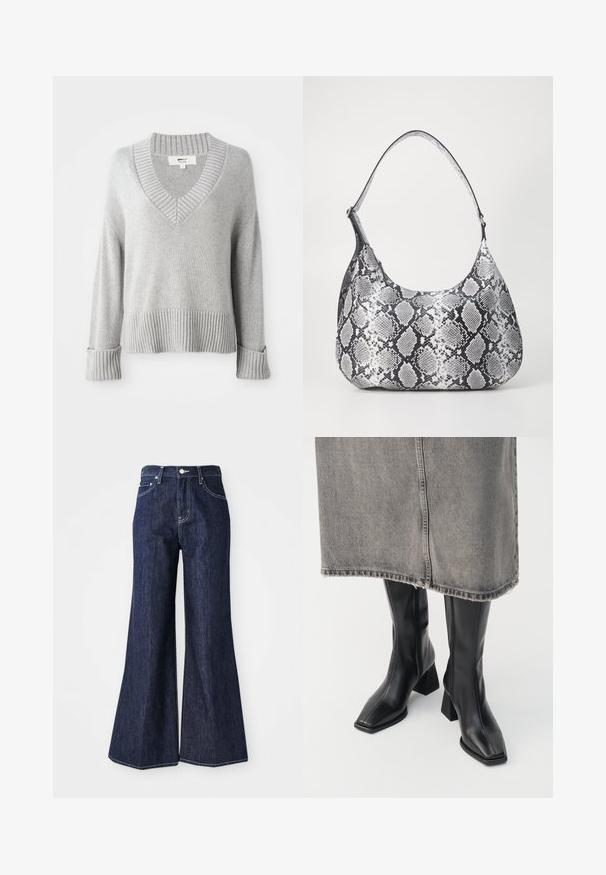 Hellgrauer Strickpullover aus Wollmischung mit V-Ausschnitt, gerippten Bündchen, Saum und Ausschnitt, der die gefalteten Ärmelsäume zeigt.; Dunkelblaue ausgestellte Jeans mit hoher Taille, die eine Knopf- und Reißverschlussöffnung haben. Weiße Nähte und weite Beine schaffen eine strukturierte Silhouette.; Schwarze knielange Stiefel aus glattem Leder mit quadrater Zehenpartie und Blockabsatz. Getragen mit einem grauen Jeansrock mit ausgefranstem Saum.; Schultertasche im schwarz-weißen Schlangenprint mit runder Form, glatter Textur und gebogenem Tragegurt. Mit einem silbernen Hardware-Akzent.