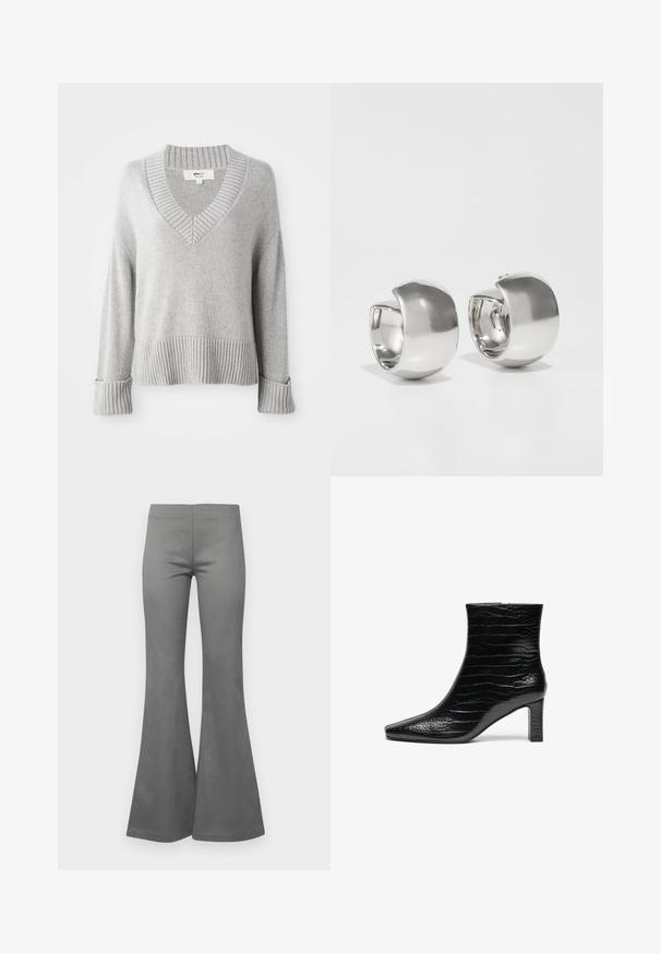 Sweater en mélange de laine tricoté gris clair avec col en V, poignets, ourlet et col côtelés, montrant des extrémités de manches repliées.; Pantalons grijs évasés avec une texture de tissu lisse et une coupe ajustée, s'élargissant à partir du genou jusqu'à l'ourlet.; Bottine noire à bout pointu, extérieure en crocodile brillant, et talon carré de hauteur moyenne. Design lisse et épuré.; Uncommon Matters SCULPTURAL LARGE CREOLE - Boucles d'oreilles - silver-coloured